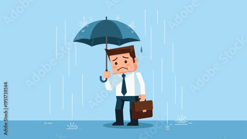 Sad businessman in a suit holding a dark blue umbrella while standing in the rain with a brown briefcase.