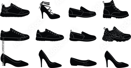 Collection of footwear silhouettes vector featuring sneakers high heels boots loafers and casual shoes for fashion retail and e-commerce shop design.