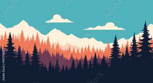 Vibrant sunset over a misty mountain range with silhouetted pine trees