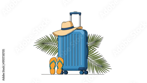 Blue travel suitcase packed with a straw hat and flip flops standing in front of green palm leaves representing summer vacation and trips.