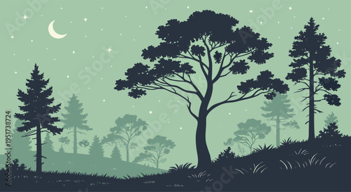 Peaceful Forest Scene at Dusk with Crescent Moon