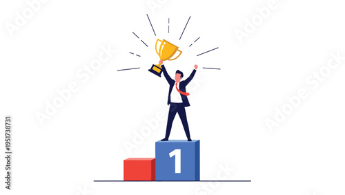 Triumphant businessman stands on a winner podium labeled with number one while holding up a golden trophy in victory.