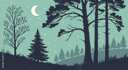 Serene night landscape with silhouetted pine trees and a crescent moon in a starlit sky