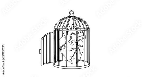 Black and white line art illustration depicting a human anatomical heart confined inside an open birdcage symbolizing emotional constraint, captivity, or lack of freedom.