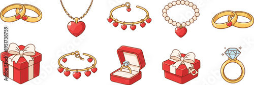 Collection of romantic jewelry and gift vector icons featuring heart-shaped necklaces bracelets rings and gift boxes in colorful line art style.