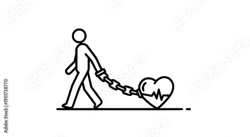 Stick figure person walking burdened by a heavy heart chained to the ankle representing emotional weight or mandatory commitment concept in minimal outline style.
