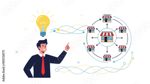 Innovative man with a lightbulb over his head pointing at a network of franchise retail store icons and symbols.