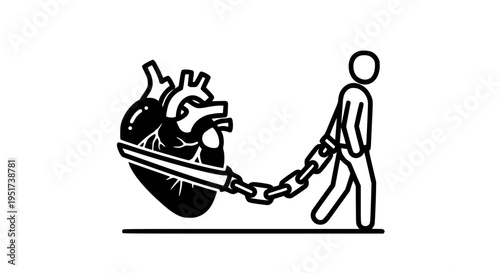 Stick figure person dragging a large chained anatomical heart, representing concepts of heavy emotional burden and persistent personal struggle on a simple white background illustration.