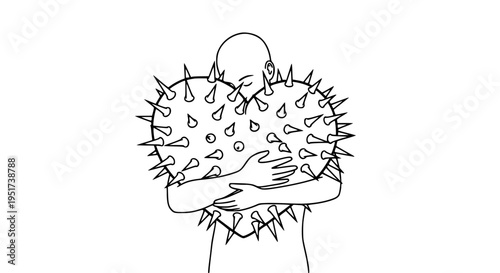 Faceless person embracing a large spiky heart illustrating concepts of challenging self-love, emotional struggles, internal pain, or mental health resilience in a minimalist line art.