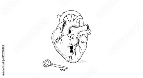 Anatomical human heart illustration with a distinct keyhole on its surface, accompanied by a decorative vintage key. This symbolic black and white graphic represents love, secrets, solutions.