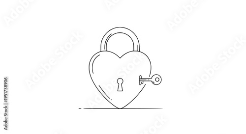 Heart padlock with a key waiting to unlock it on a clean white background, symbolizing love, security, solution, and connection in a simple line art illustration style.