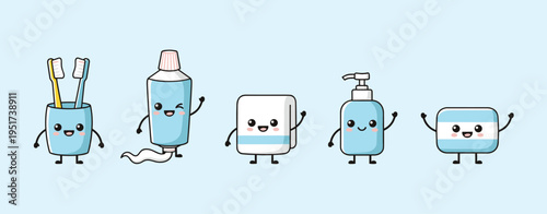 Cute bathroom hygiene characters featuring smiling toothbrush holder toothpaste towel soap dispenser and soap bar for kids healthcare and personal care.