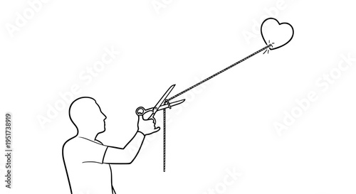 Silhouette person cutting a strong rope tied to a floating heart symbol with sharp scissors, illustrating concepts of freedom, detachment, and making a decisive break or ending.
