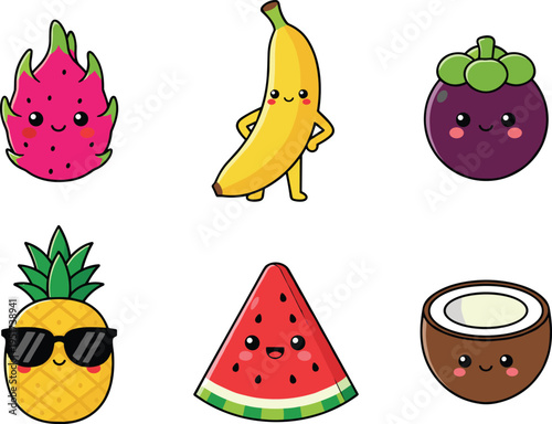 Cute tropical fruit characters vector set featuring smiling dragon fruit banana mangosteen pineapple watermelon and coconut for summer design.