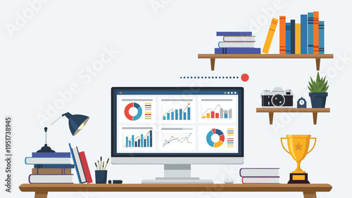 Modern home office workspace featuring a computer monitor displaying financial data charts on a wooden desk with books.