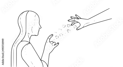 Simple line art illustration showing human hands exchanging glowing heart shapes symbolizing connection, digital communication, affection, and online interaction.