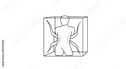 Trapped person vector illustration depicts a humanoid figure with organic tentacles growing, confined inside a restricting glass box, symbolizing psychological limits, struggle, and overcoming adversi