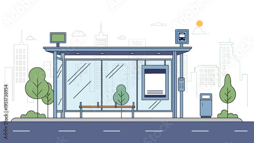 Modern bus stop shelter design in a city environment with a bench, transit information sign, and skyscrapers in the background at sunrise.