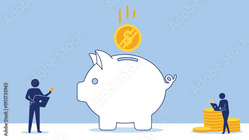 Large white piggy bank with a gold coin falling into it and small business people working around it on blue.