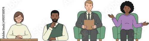Diverse professional people characters sitting at desk and in armchairs including consultant therapist and business team members for corporate web design.