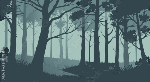 Misty Forest Path Illustration with Silhouetted Trees and Foggy Atmosphere