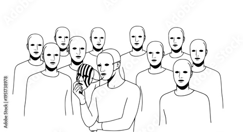 Man holding decorative expressive mask in front of blank faced crowd illustrating concept of individuality identity social conformity and hidden personality