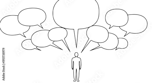 Outline drawing of a single person standing below multiple blank speech bubbles representing overwhelming communication, feedback, or idea generation concepts.