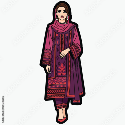 pakistani woman in traditional pink and purple salwar kameez, embroidered dress and dupatta