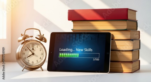 Digital tablet loading new skills with physical books and an alarm clock, symbolizing continuous learning, time management, and knowledge acquisition
