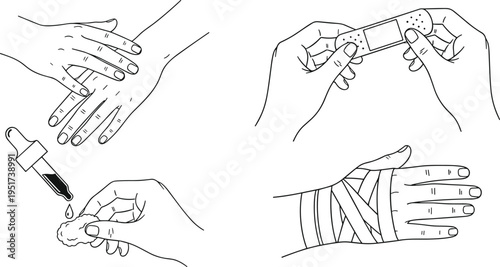 First aid medical vector illustrations of hands applying cream bandage adhesive plaster and medicine drops for healthcare and wound care instructions.