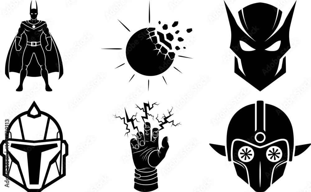 Fototapeta premium Collection of superhero and scifi themed icons isolated on transparent background