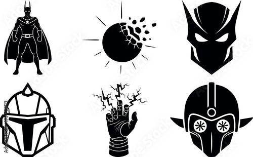 Collection of superhero and scifi themed icons isolated on transparent background