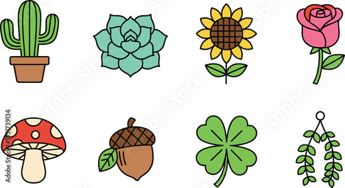 Nature and botany icon set featuring cactus succulent sunflower rose mushroom acorn four leaf clover and hanging vines in colorful line style.