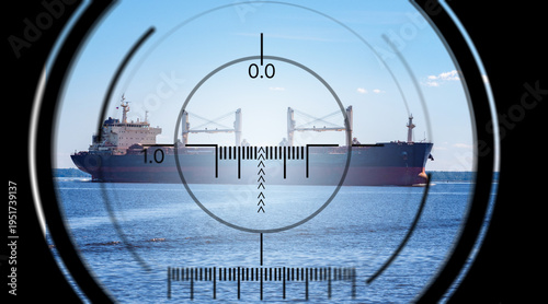 Canvas-taulu Naval surveillance, cargo ship observed in military scope sight on open water, maritime security monitoring, defense targeting operation and strategic sea transport control