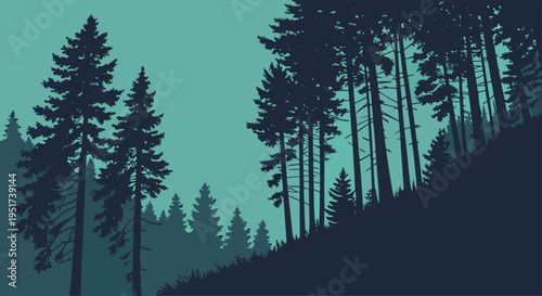 Serene evergreen forest landscape illustration with tall pine trees silhouetted against a gradient sky