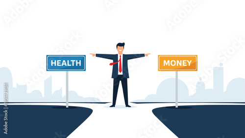 Businessman standing at a crossroads deciding between two paths labeled health and money in a city landscape.