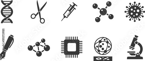 Science and biotechnology vector icon set featuring DNA helix syringe molecule virus microscope and computer chip for laboratory research and technology.