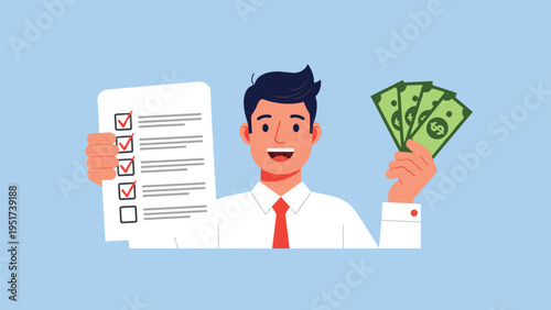 Successful man in a business suit holds a completed checklist in one hand and three dollar bills in the other hand.