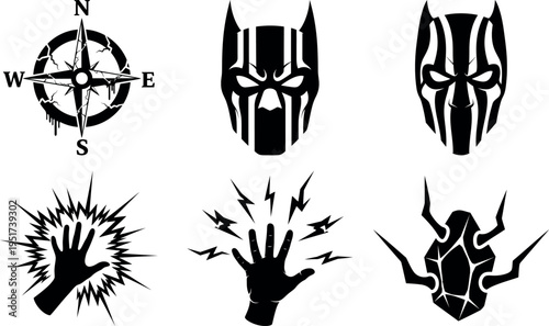 Collection of striking tribal mask and energy symbol illustrations isolated design set