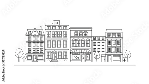Simple black and white line drawing of a traditional city street with diverse building facades and small trees for coloring or architecture.