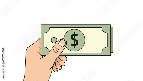 Hand in a business suit holding a green dollar bill banknote representing payment cash transaction or salary.