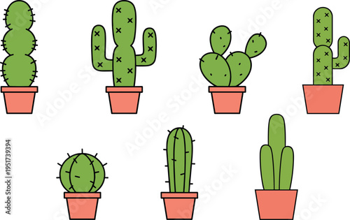 Set of minimalist cactus and succulent vector illustrations in pots featuring prickly pear saguaro and barrel cacti for home garden and botanical design.