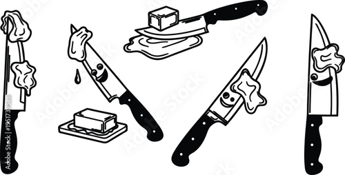 Cartoon butcher knives with smiling faces and butter on blades kitchen utensils
