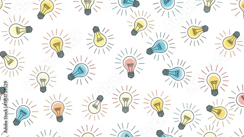 Colorful light bulbs pattern featuring different styles and colors like blue, yellow, and red to represent ideas, creativity, and energy.