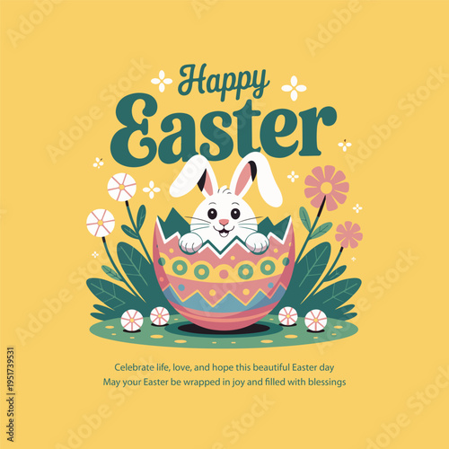 Happy Easter Celebration Background with Colorful Eggs, Spring Flowers, Bunny, Festive Greeting Card Design