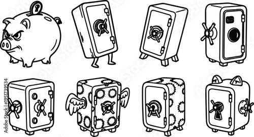 Cartoon pig and various safe boxes with unique designs and locks  financial security concept