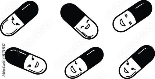 Cute cartoon happy medicine capsules with smiling faces  various expressions