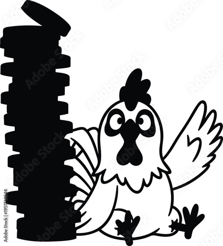 Cartoon chicken standing next to a large pile of coins on white background