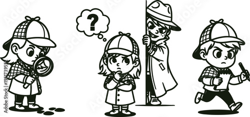 Cute cartoon children in detective outfits with magnifying glass and notebook  kids in detective costumes