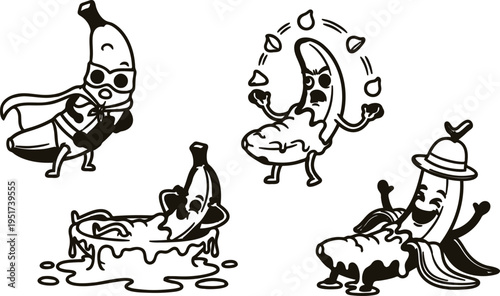 Four cartoon bananas in different poses and situations smiling and having fun  dancing melting and wearing costumes